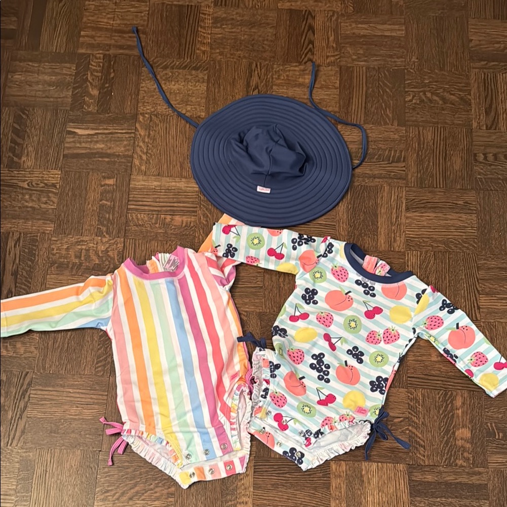 Ruffle Butts Colorful Baby Swimsuit Set with Hat size 6-12 months